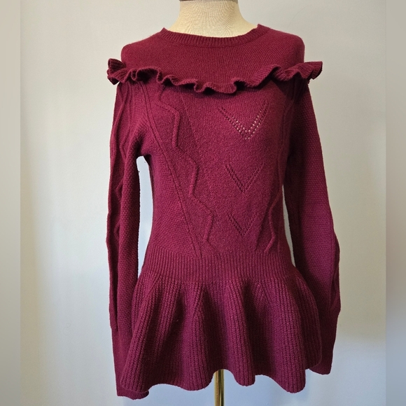 TED BAKER Maroon Elsahi Frill Detail Peplum Sweater. Size 2 - Picture 2 of 12